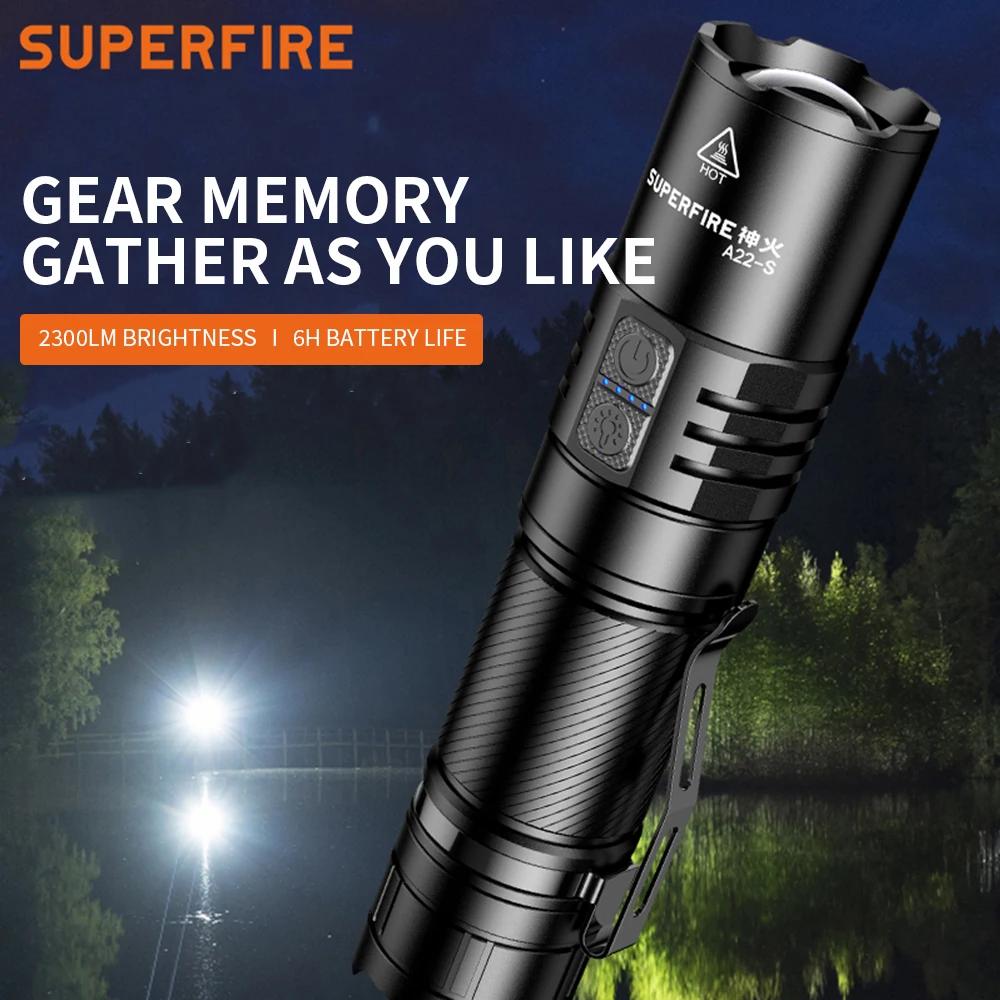 SUPERFIRE A22-S LED 손전등, 고출력 36W 줌 가능 토치, USB 충전 포함, 낚시 캠핑용 26650 배터리 랜턴, 2300LM